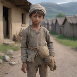 A 3D AI generated image of a poor village boy in weathered clothing, holding a rough-hewn toy, set against the backdrop of a humble, rural village environment.