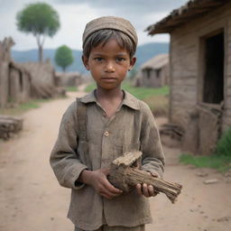 A 3D AI generated image of a poor village boy in weathered clothing, holding a rough-hewn toy, set against the backdrop of a humble, rural village environment.