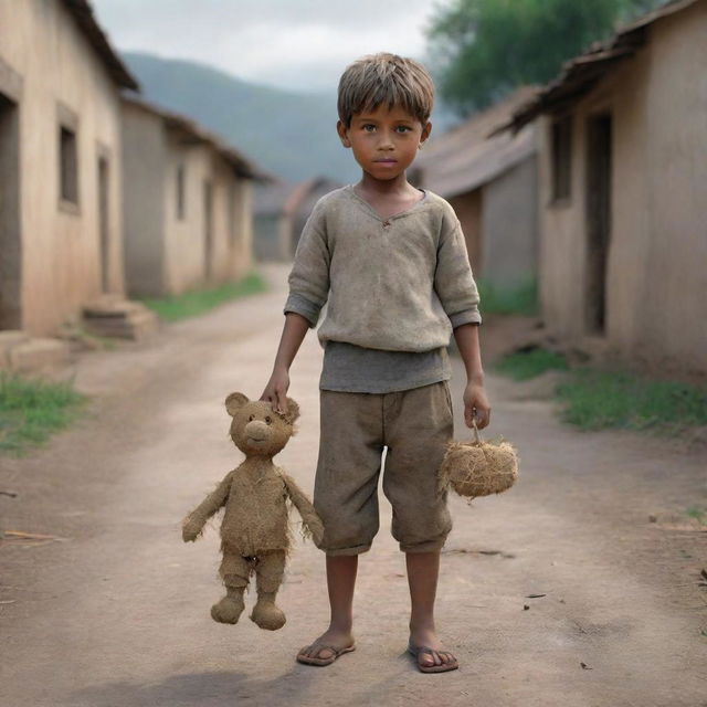 A 3D AI generated image of a poor village boy in weathered clothing, holding a rough-hewn toy, set against the backdrop of a humble, rural village environment.