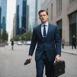 A professional businessman, dressed in a sharp suit, carrying a briefcase, and walking in the city