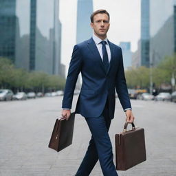 A professional businessman, dressed in a sharp suit, carrying a briefcase, and walking in the city