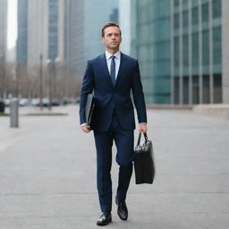 A professional businessman, dressed in a sharp suit, carrying a briefcase, and walking in the city