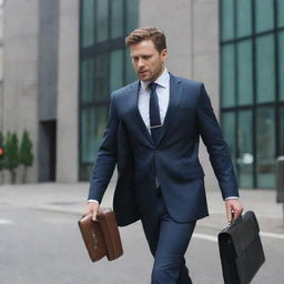 A professional businessman, dressed in a sharp suit, carrying a briefcase, and walking in the city