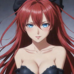 A detailed and vivid portrait of Rias Gremory from High School DxD, highlighting her crimson hair and deep blue eyes.