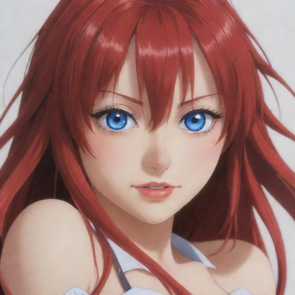 A detailed and vivid portrait of Rias Gremory from High School DxD, highlighting her crimson hair and deep blue eyes.