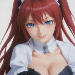 A detailed and vivid portrait of Rias Gremory from High School DxD, highlighting her crimson hair and deep blue eyes.