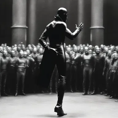 As the villain approached in his skin-tight leather costume, the audience felt a collective sense of unease and anticipation.