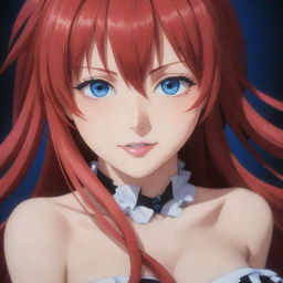 A detailed and vivid portrait of Rias Gremory from High School DxD, highlighting her crimson hair and deep blue eyes.