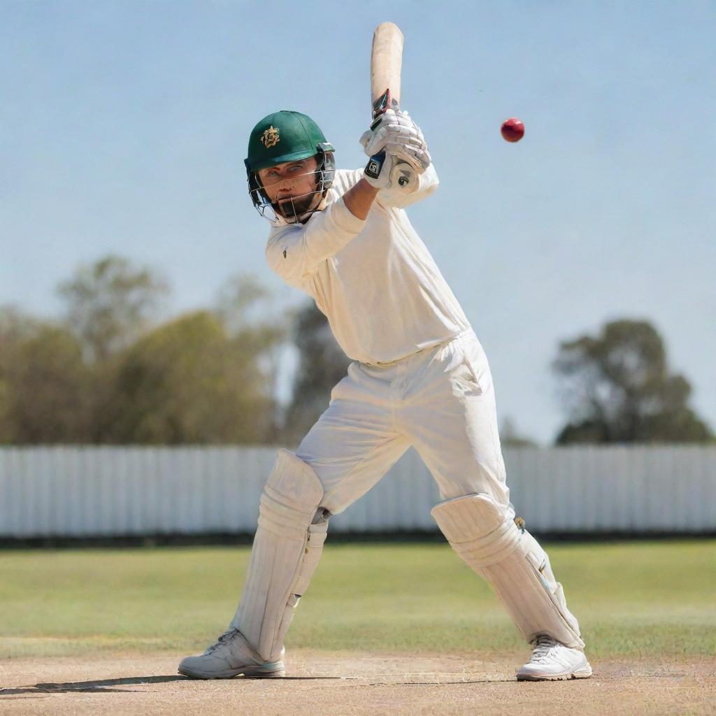 A sportsman in action, confidently holding a cricket bat, dressed in cricket gear, under the bright daylight.