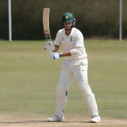 A sportsman in action, confidently holding a cricket bat, dressed in cricket gear, under the bright daylight.