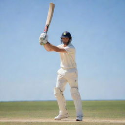 A sportsman in action, confidently holding a cricket bat, dressed in cricket gear, under the bright daylight.