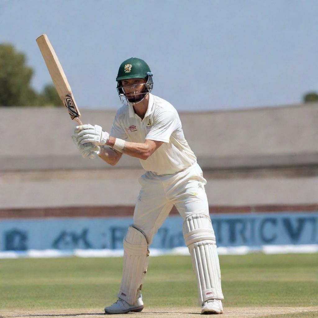 A sportsman in action, confidently holding a cricket bat, dressed in cricket gear, under the bright daylight.