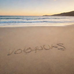 Words 'Vogues Vista' written in cursive on a sandy beach, with a serene ocean view and a picturesque sunset display in the background.