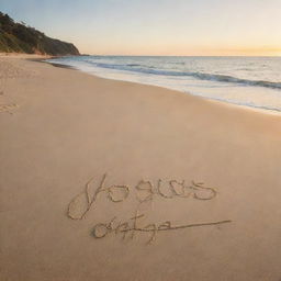 Words 'Vogues Vista' written in cursive on a sandy beach, with a serene ocean view and a picturesque sunset display in the background.