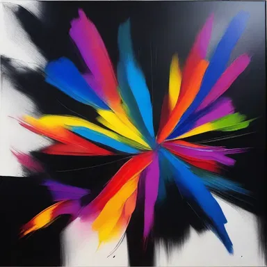 The artist's abstract painting depicted the dehiscence of vibrant colors bursting forth from a black background.