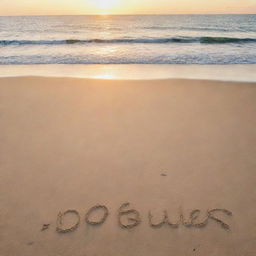 Words 'Vogues Vista' written in cursive on a sandy beach, with a serene ocean view and a picturesque sunset display in the background.