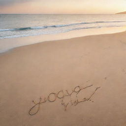 Words 'Vogues Vista' written in cursive on a sandy beach, with a serene ocean view and a picturesque sunset display in the background.