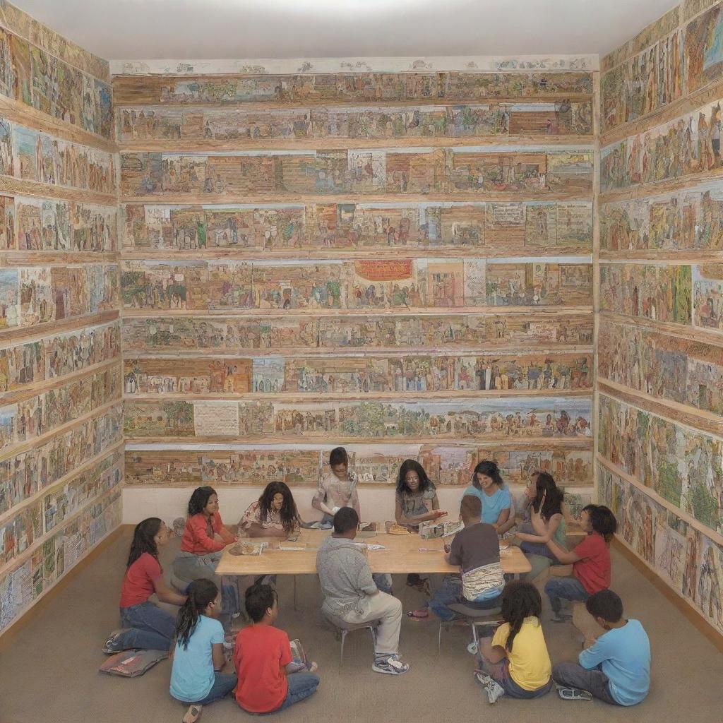 Design a mural displaying an assembly of small vignettes, including a collection of global cultures' landmarks, people from diverse backgrounds reading together, elders passing knowledge to youth, and scenes of communal learning and sharing, all contributing to the harmonious vibe in a socio-economically disadvantaged library.