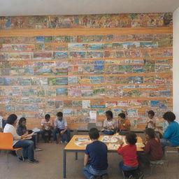 Design a mural displaying an assembly of small vignettes, including a collection of global cultures' landmarks, people from diverse backgrounds reading together, elders passing knowledge to youth, and scenes of communal learning and sharing, all contributing to the harmonious vibe in a socio-economically disadvantaged library.