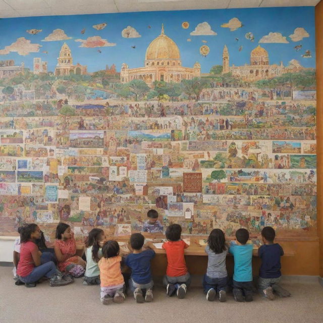 Design a mural displaying an assembly of small vignettes, including a collection of global cultures' landmarks, people from diverse backgrounds reading together, elders passing knowledge to youth, and scenes of communal learning and sharing, all contributing to the harmonious vibe in a socio-economically disadvantaged library.