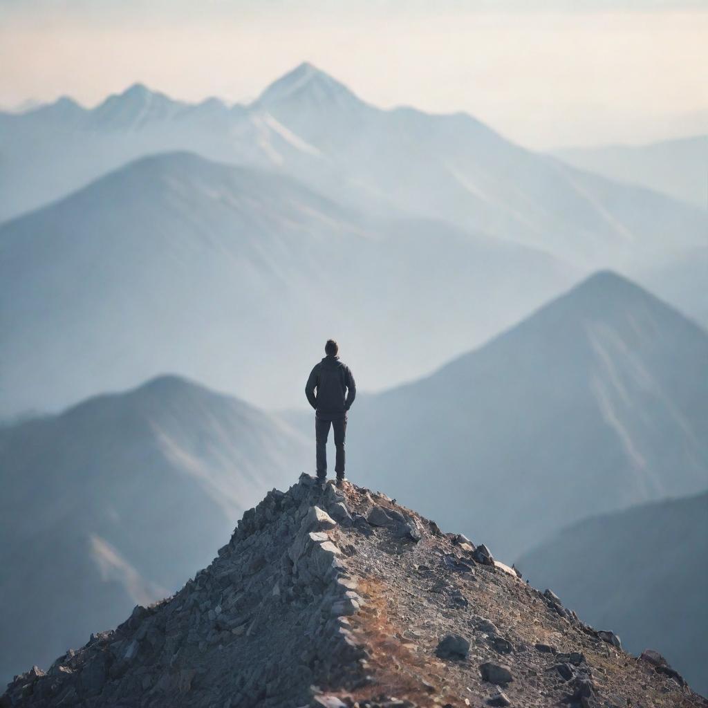 A determined and unbeatable individual standing on a mountain peak, with blurred figures whispering from the bottom, symbolizing ignored opinions.