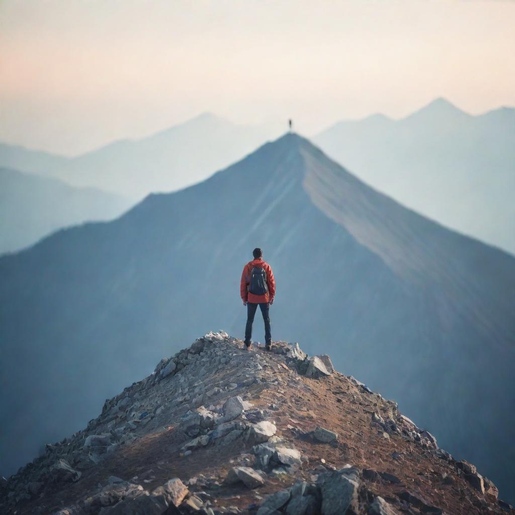 A determined and unbeatable individual standing on a mountain peak, with blurred figures whispering from the bottom, symbolizing ignored opinions.