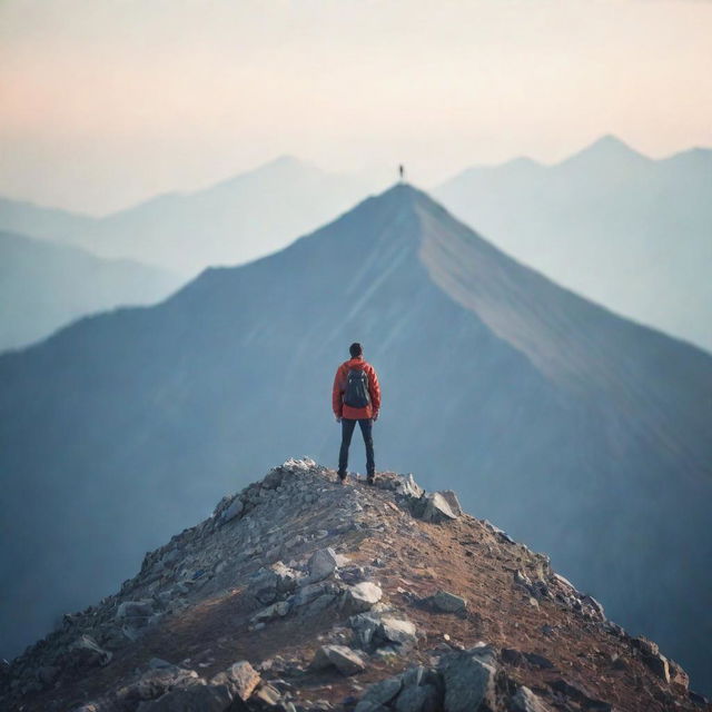 A determined and unbeatable individual standing on a mountain peak, with blurred figures whispering from the bottom, symbolizing ignored opinions.