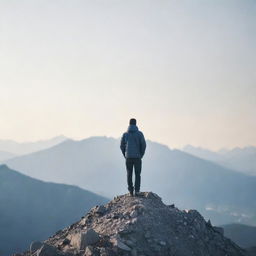 A determined and unbeatable individual standing on a mountain peak, with blurred figures whispering from the bottom, symbolizing ignored opinions.