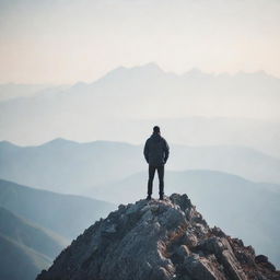 A determined and unbeatable individual standing on a mountain peak, with blurred figures whispering from the bottom, symbolizing ignored opinions.