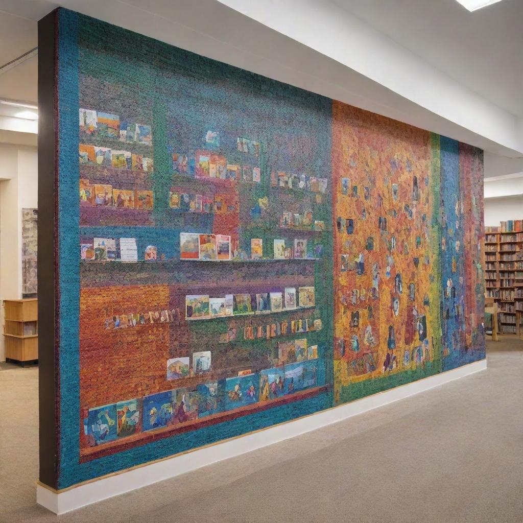 Generate a multi-layered mural design for a long wall: incorporate colorful individual panels, each showcasing elements of reading, learning, and different cultures harmoniously interacting, visually linked by a woven thread of unity, depicting 'fostering social cohesion' in an underprivileged library.