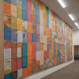 Generate a multi-layered mural design for a long wall: incorporate colorful individual panels, each showcasing elements of reading, learning, and different cultures harmoniously interacting, visually linked by a woven thread of unity, depicting 'fostering social cohesion' in an underprivileged library.