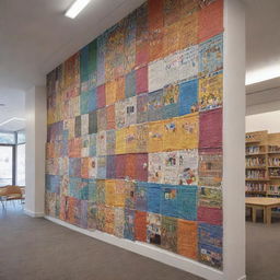 Generate a multi-layered mural design for a long wall: incorporate colorful individual panels, each showcasing elements of reading, learning, and different cultures harmoniously interacting, visually linked by a woven thread of unity, depicting 'fostering social cohesion' in an underprivileged library.