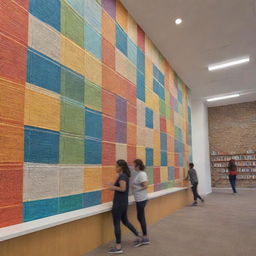 Generate a multi-layered mural design for a long wall: incorporate colorful individual panels, each showcasing elements of reading, learning, and different cultures harmoniously interacting, visually linked by a woven thread of unity, depicting 'fostering social cohesion' in an underprivileged library.