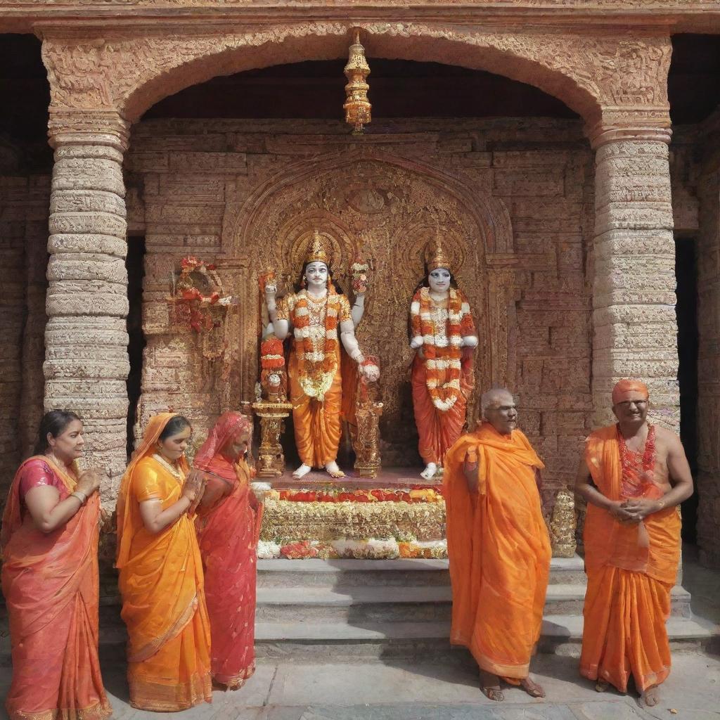 A grand celebration scene in Ayodha temple where Prabhu Shri Ram, along with Maa Sita and brother Laxman, bestows blessings on everyone. Temple is a recent construction, beautifully adorned for the arrival of divine family