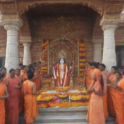 A grand celebration scene in Ayodha temple where Prabhu Shri Ram, along with Maa Sita and brother Laxman, bestows blessings on everyone. Temple is a recent construction, beautifully adorned for the arrival of divine family