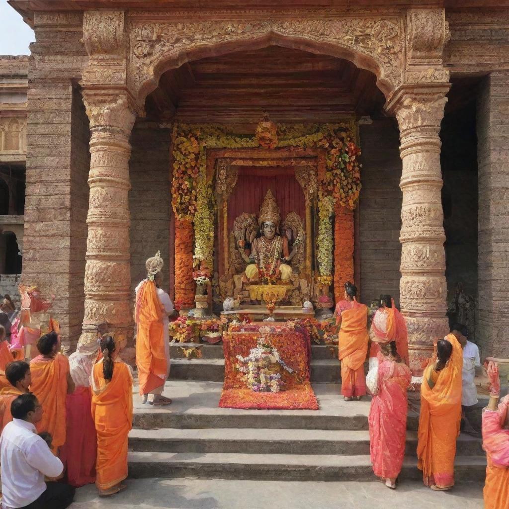 A grand celebration scene in Ayodha temple where Prabhu Shri Ram, along with Maa Sita and brother Laxman, bestows blessings on everyone. Temple is a recent construction, beautifully adorned for the arrival of divine family