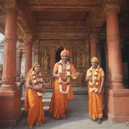 A grand celebration scene in Ayodha temple where Prabhu Shri Ram, along with Maa Sita and brother Laxman, bestows blessings on everyone. Temple is a recent construction, beautifully adorned for the arrival of divine family