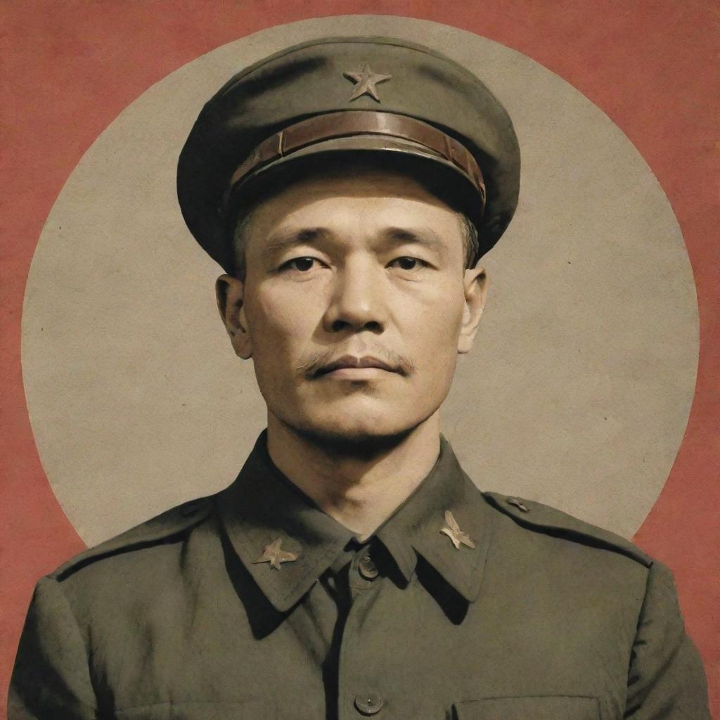 Create a respectful portrait of Comrade Lee, depicted in a historical context, surrounded by classic symbolism associated with his era. Use a muted color palette for a vintage effect.