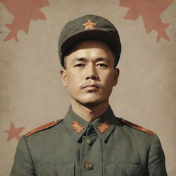 Create a respectful portrait of Comrade Lee, depicted in a historical context, surrounded by classic symbolism associated with his era. Use a muted color palette for a vintage effect.