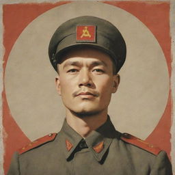 Create a respectful portrait of Comrade Lee, depicted in a historical context, surrounded by classic symbolism associated with his era. Use a muted color palette for a vintage effect.