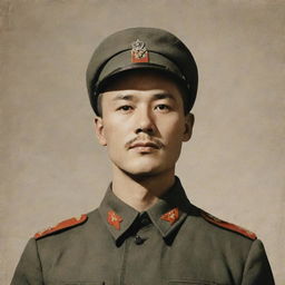 Create a respectful portrait of Comrade Lee, depicted in a historical context, surrounded by classic symbolism associated with his era. Use a muted color palette for a vintage effect.