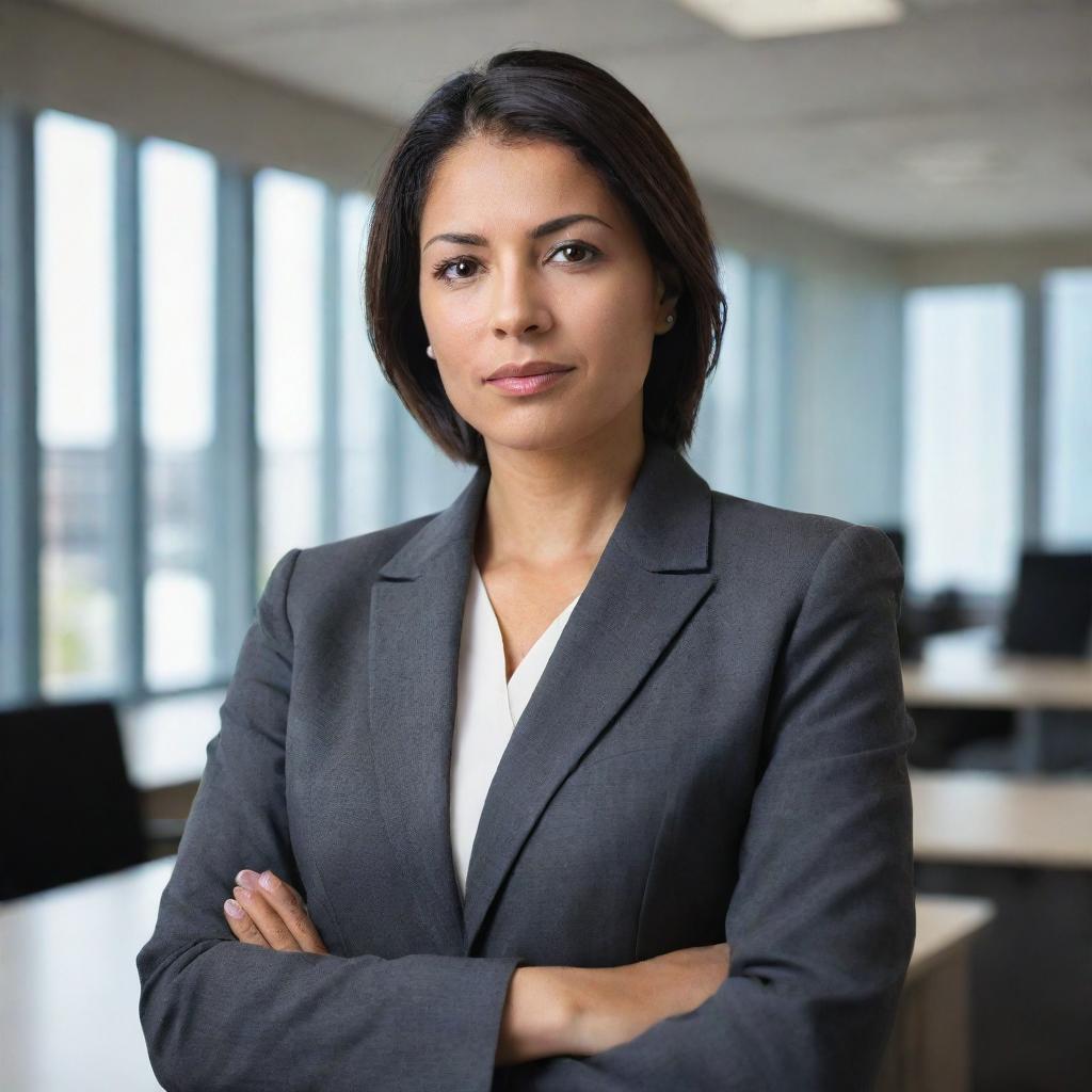 A professional woman in a business suit, with a confident and determined expression, in a modern corporate office background.