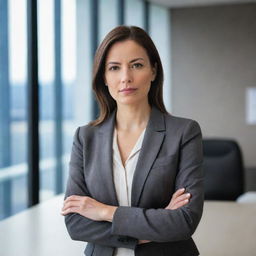 A professional woman in a business suit, with a confident and determined expression, in a modern corporate office background.