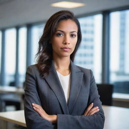 A professional woman in a business suit, with a confident and determined expression, in a modern corporate office background.