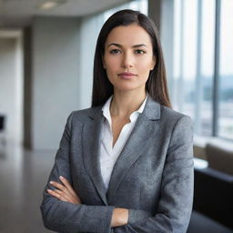 A professional woman in a business suit, with a confident and determined expression, in a modern corporate office background.