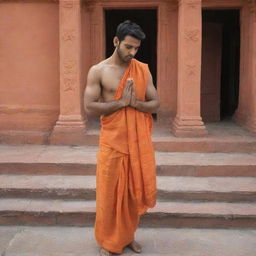 A fit 24-year-old man standing in prayer before the Ram Mandir in Ayodhya, donned in an orange dhoti, depicting a scene of serene devotion.