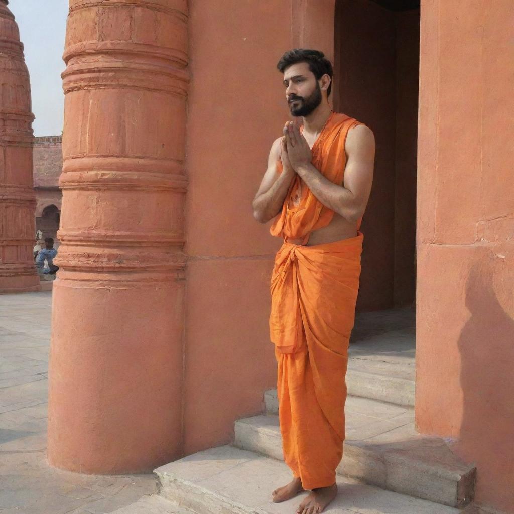 A fit 24-year-old man standing in prayer before the Ram Mandir in Ayodhya, donned in an orange dhoti, depicting a scene of serene devotion.