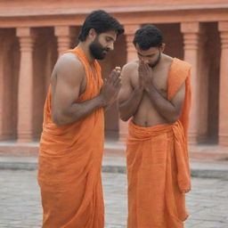 A fit 24-year-old man standing in prayer before the Ram Mandir in Ayodhya, donned in an orange dhoti, depicting a scene of serene devotion.