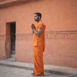 A fit 24-year-old man standing in prayer before the Ram Mandir in Ayodhya, donned in an orange dhoti, depicting a scene of serene devotion.