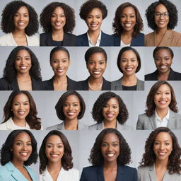 Generate a diverse group of professional women in various poses showcasing their confidence and individuality